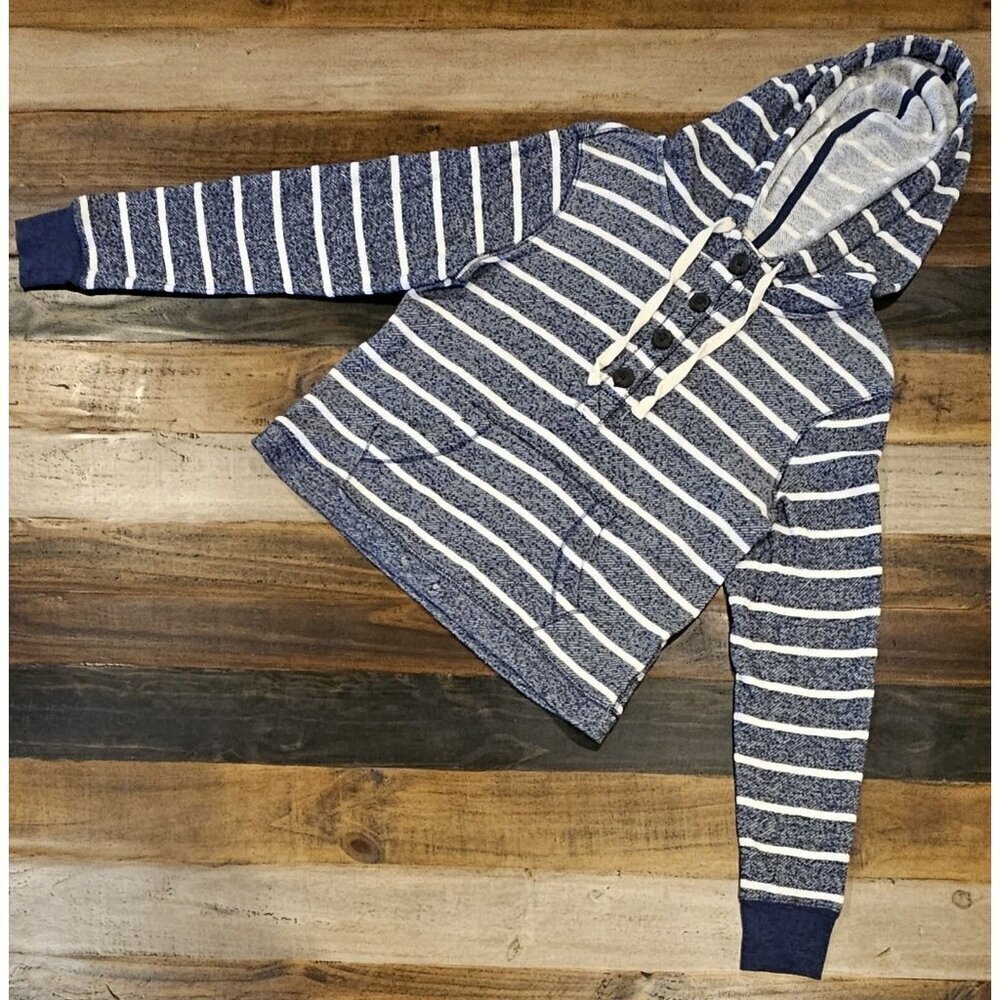 So 1/2 button Striped Navy and White Hoodie Kangaroo Pocket Women's Size L